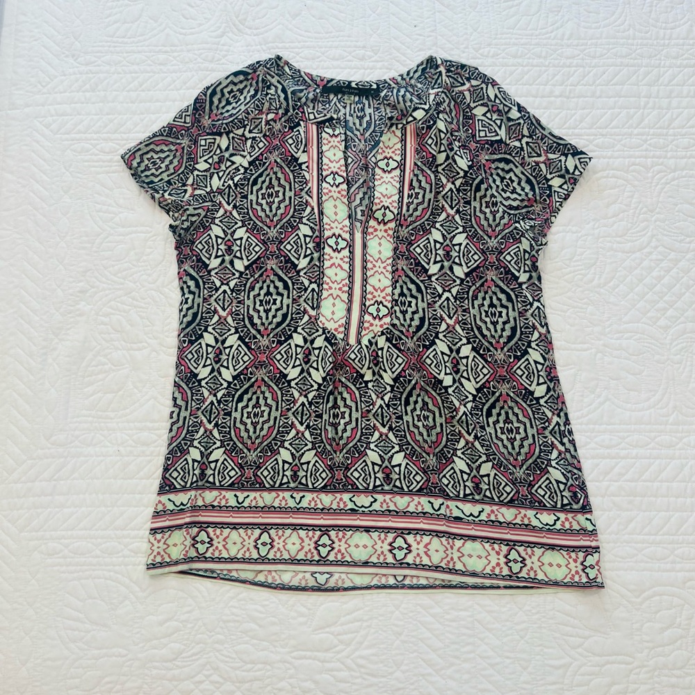 fun 2 fun Printed Short-Sleeve Boho Blouse in Black and Pink